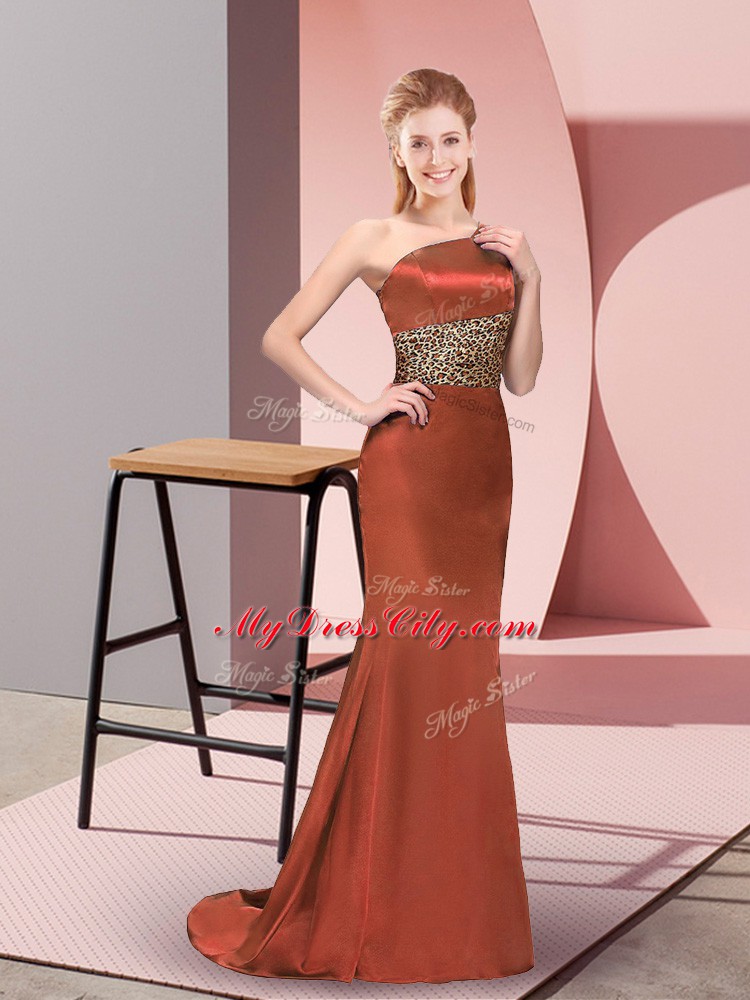 New Style Rust Red Column/Sheath Pattern Prom Dresses Side Zipper Elastic Woven Satin Sleeveless Floor Length