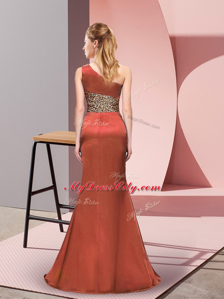 New Style Rust Red Column/Sheath Pattern Prom Dresses Side Zipper Elastic Woven Satin Sleeveless Floor Length