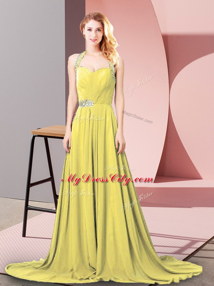 Smart Gold Halter Top Neckline Beading and Ruching Prom Dresses Sleeveless Zipper