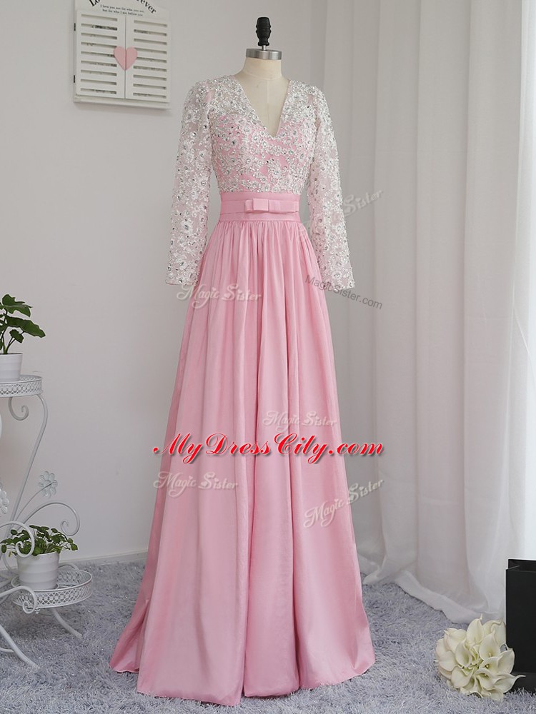 Chiffon V-neck Long Sleeves Zipper Beading Prom Dresses in Baby Pink