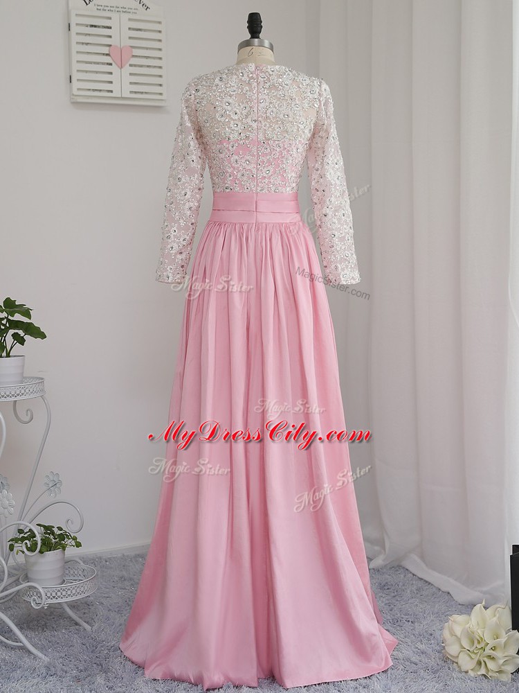 Chiffon V-neck Long Sleeves Zipper Beading Prom Dresses in Baby Pink