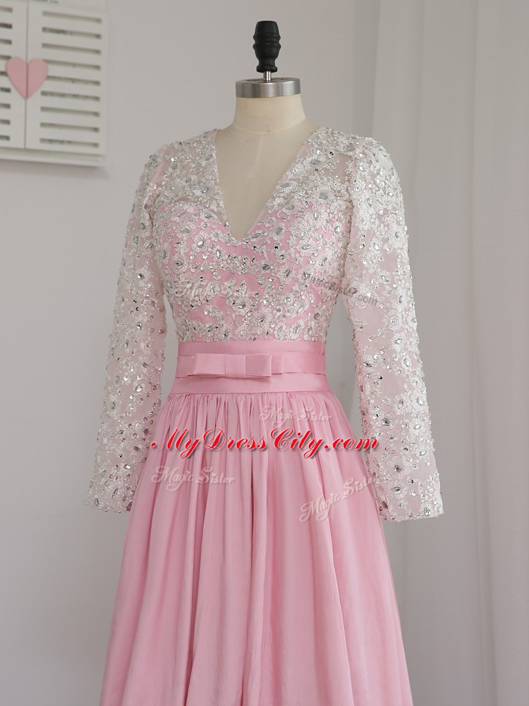 Chiffon V-neck Long Sleeves Zipper Beading Prom Dresses in Baby Pink