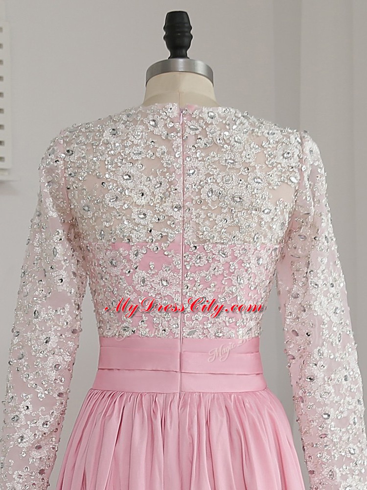 Chiffon V-neck Long Sleeves Zipper Beading Prom Dresses in Baby Pink