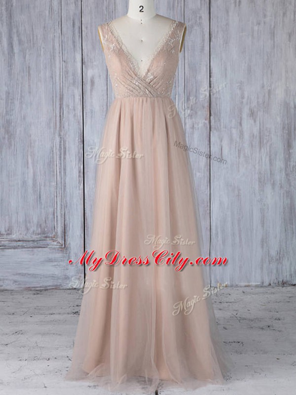 Peach Bridesmaid Dress Prom and Party and Wedding Party with Lace V-neck Sleeveless Zipper