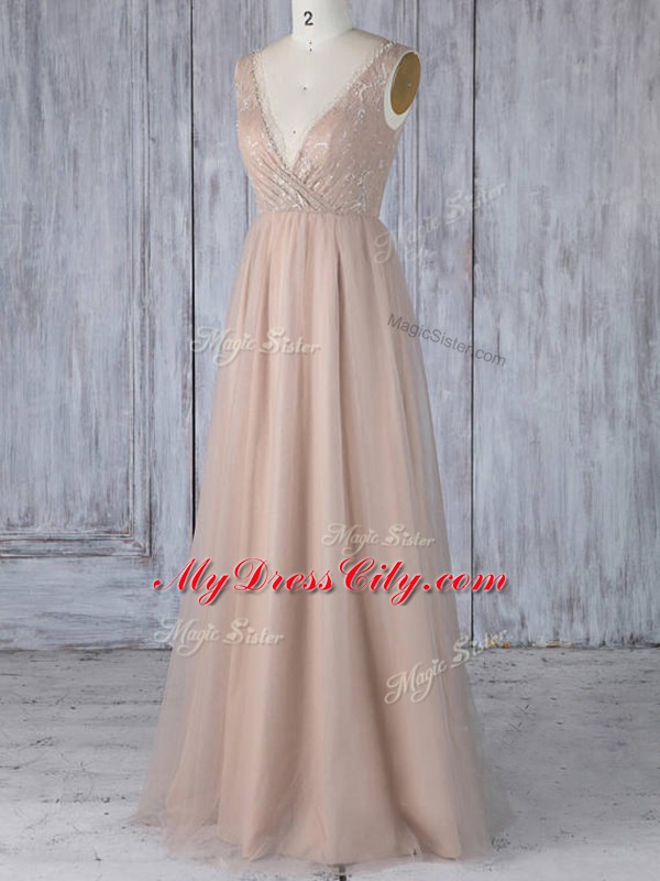 Peach Bridesmaid Dress Prom and Party and Wedding Party with Lace V-neck Sleeveless Zipper