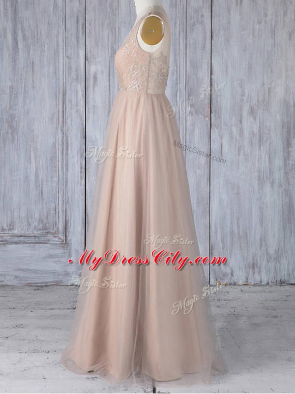 Peach Bridesmaid Dress Prom and Party and Wedding Party with Lace V-neck Sleeveless Zipper