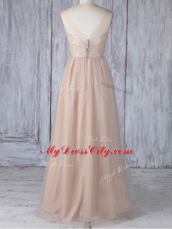 Peach Bridesmaid Dress Prom and Party and Wedding Party with Lace V-neck Sleeveless Zipper