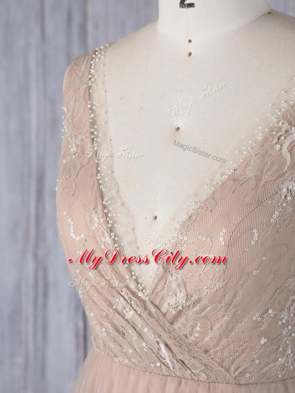 Peach Bridesmaid Dress Prom and Party and Wedding Party with Lace V-neck Sleeveless Zipper