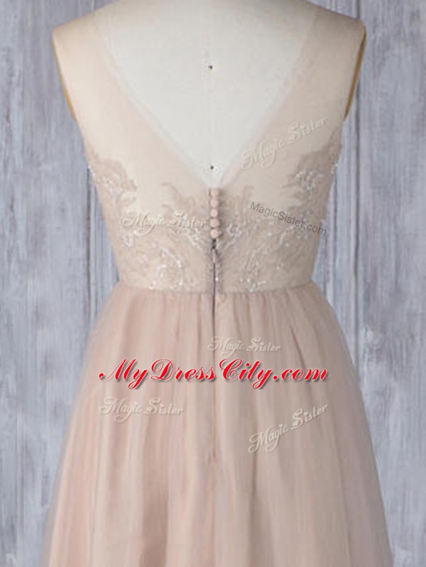 Peach Bridesmaid Dress Prom and Party and Wedding Party with Lace V-neck Sleeveless Zipper