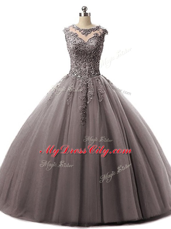 Sleeveless Tulle Floor Length Lace Up Quinceanera Dress in Brown with Beading and Lace