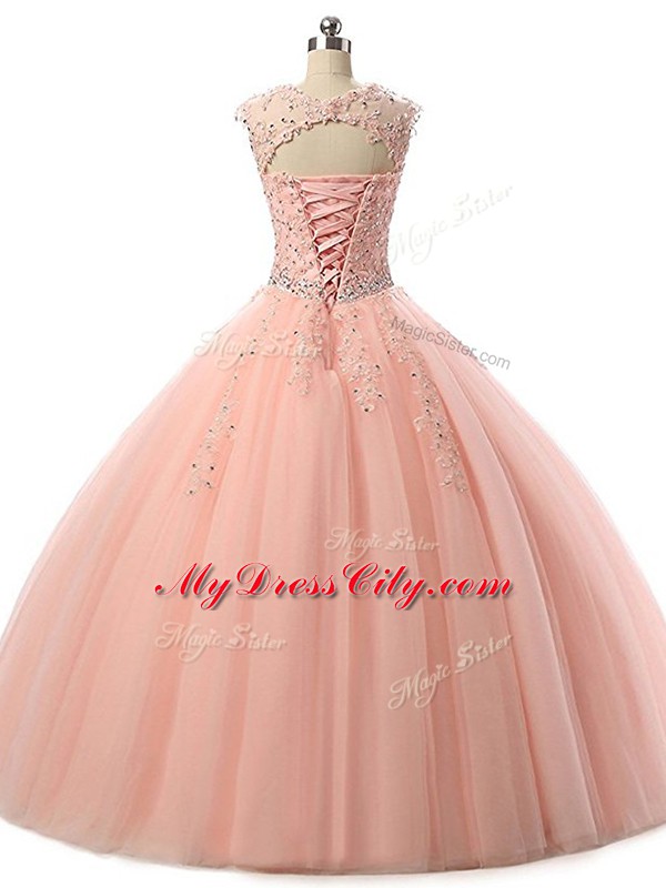 Sleeveless Tulle Floor Length Lace Up Quinceanera Dress in Brown with Beading and Lace