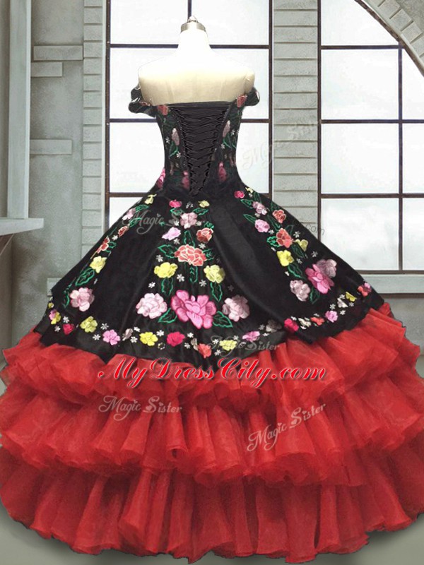 Dazzling Off The Shoulder Sleeveless Organza and Taffeta Quinceanera Dress Embroidery and Ruffled Layers Lace Up