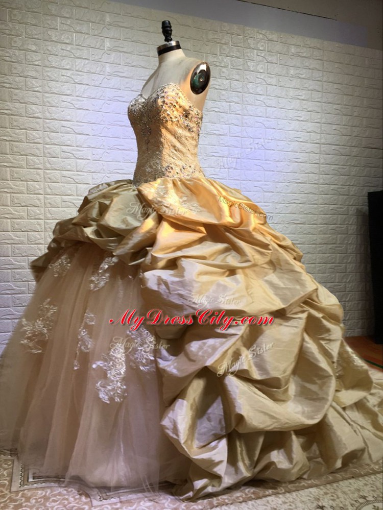 Custom Design Gold Lace Up Sweetheart Beading and Appliques and Pick Ups Quince Ball Gowns Taffeta and Tulle Sleeveless Court Train