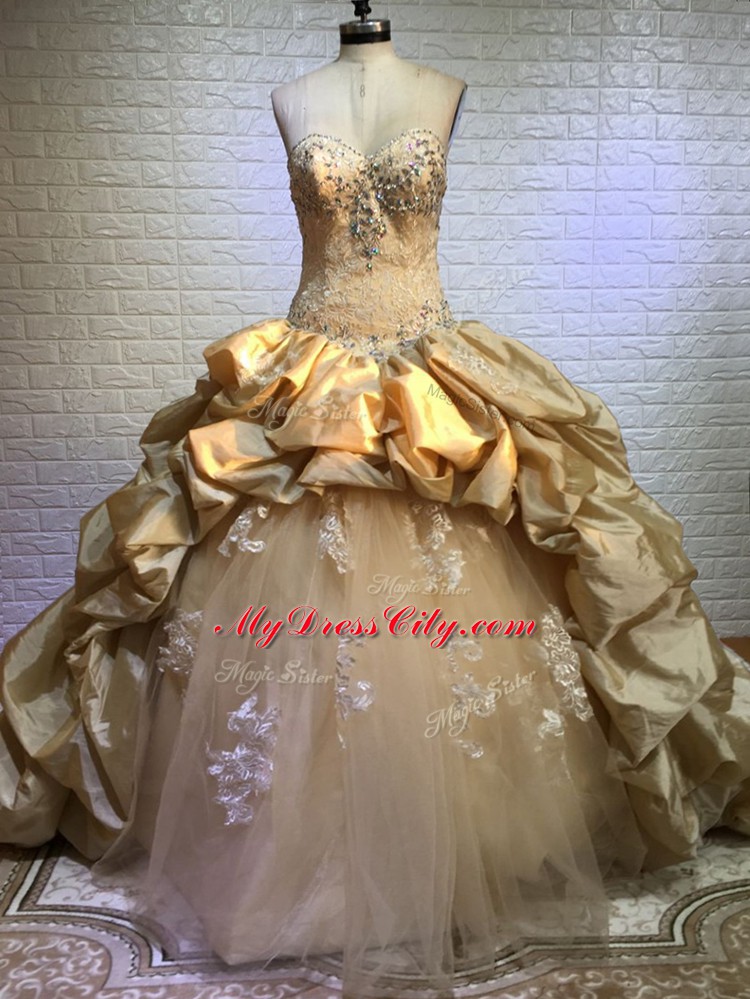 Custom Design Gold Lace Up Sweetheart Beading and Appliques and Pick Ups Quince Ball Gowns Taffeta and Tulle Sleeveless Court Train