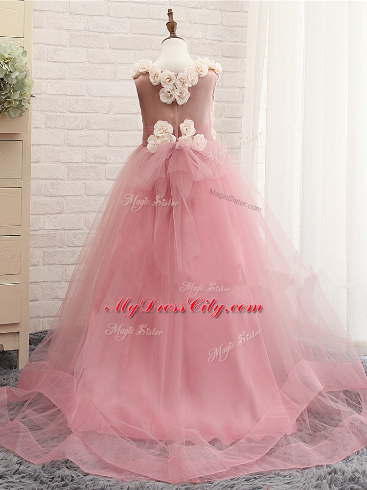 Baby Pink Zipper Scoop Hand Made Flower Little Girl Pageant Gowns Tulle Sleeveless Brush Train