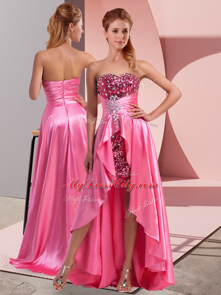 Smart Elastic Woven Satin Sleeveless High Low Pageant Dress for Womens and Beading and Sequins and Ruching