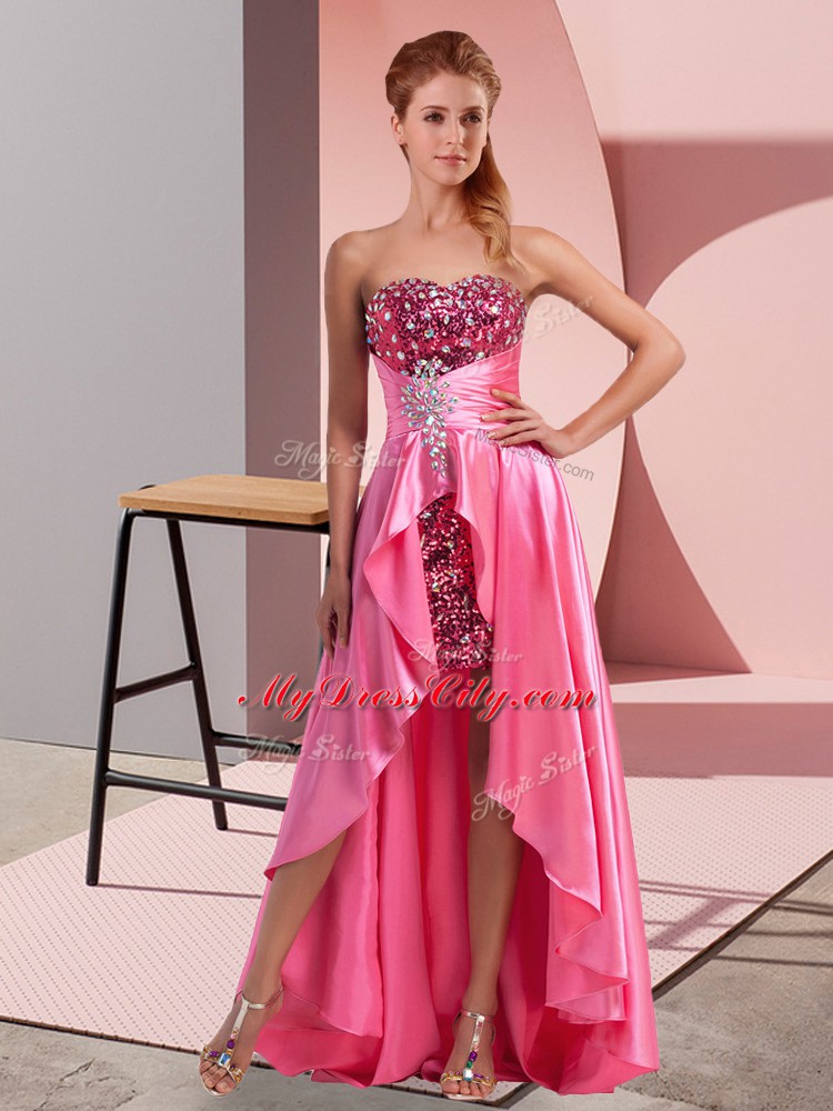 Smart Elastic Woven Satin Sleeveless High Low Pageant Dress for Womens and Beading and Sequins and Ruching