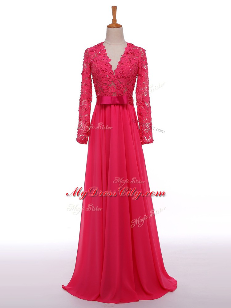 Hot Pink V-neck Zipper Lace and Appliques and Belt Mother of the Bride Dress Long Sleeves