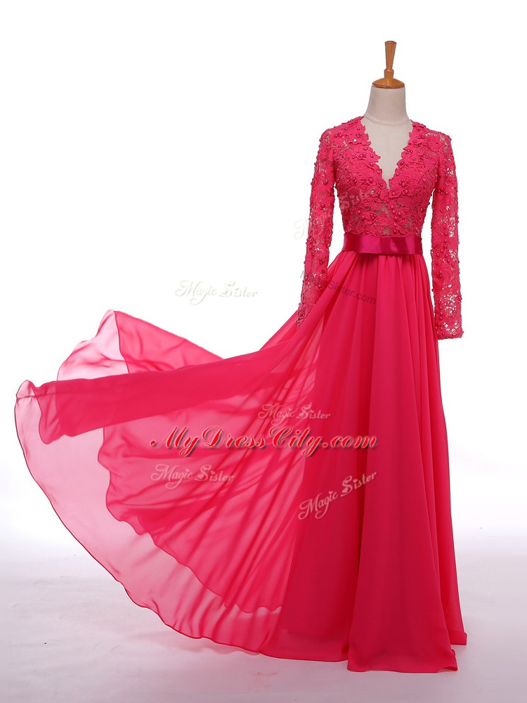 Hot Pink V-neck Zipper Lace and Appliques and Belt Mother of the Bride Dress Long Sleeves