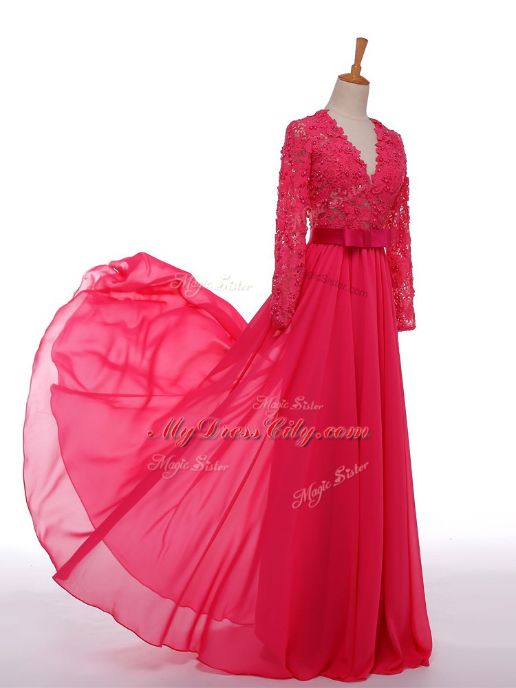 Hot Pink V-neck Zipper Lace and Appliques and Belt Mother of the Bride Dress Long Sleeves