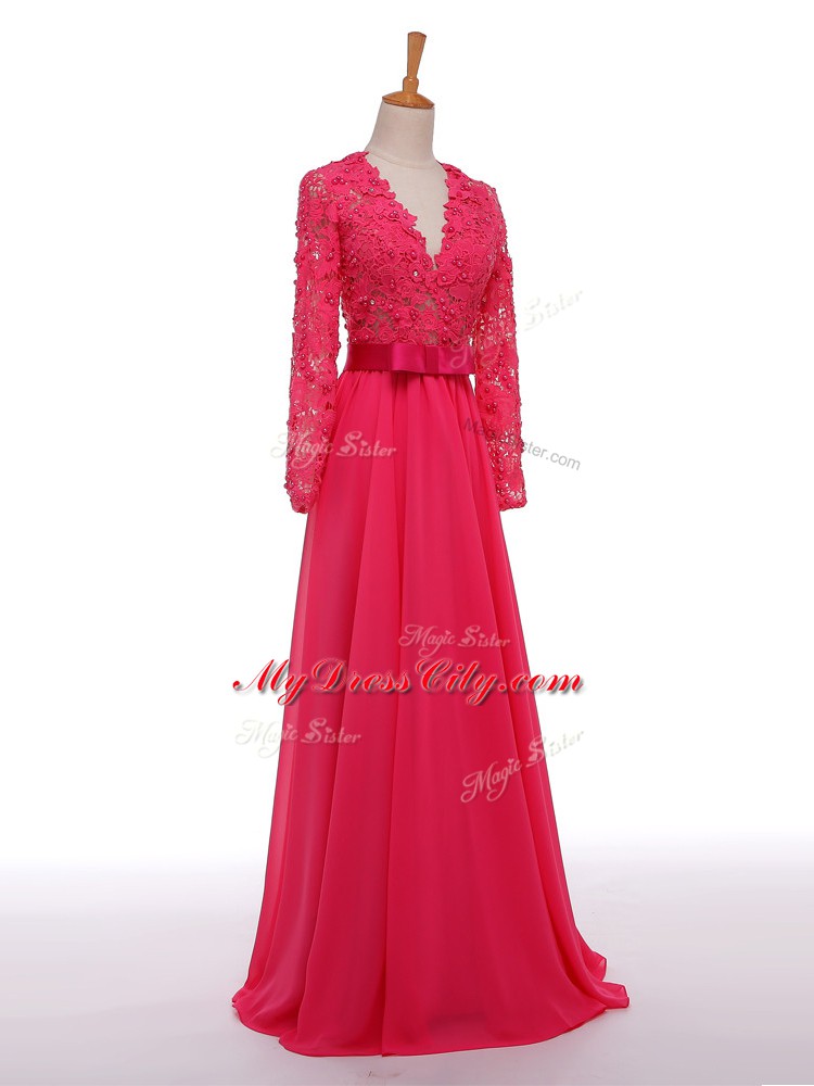 Hot Pink V-neck Zipper Lace and Appliques and Belt Mother of the Bride Dress Long Sleeves