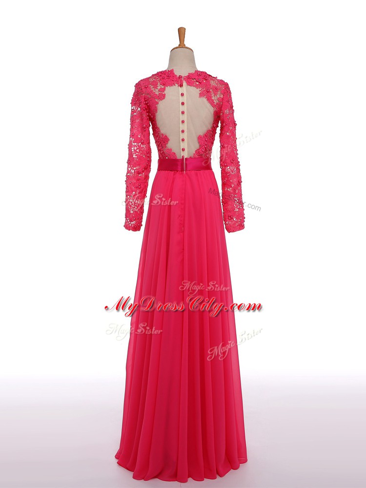 Hot Pink V-neck Zipper Lace and Appliques and Belt Mother of the Bride Dress Long Sleeves