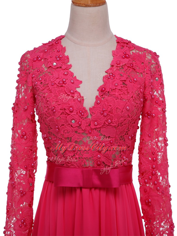 Hot Pink V-neck Zipper Lace and Appliques and Belt Mother of the Bride Dress Long Sleeves