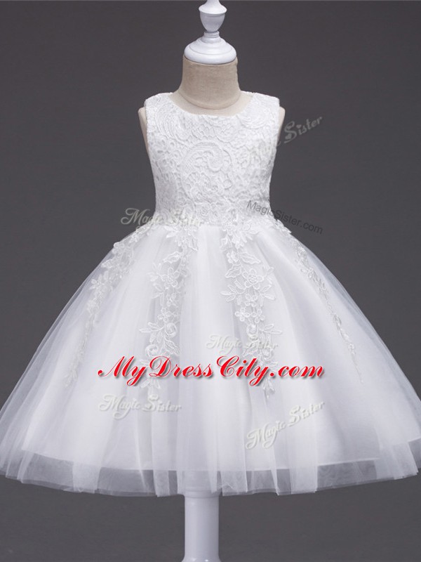 White Scoop Neckline Appliques Toddler Flower Girl Dress Sleeveless Zipper