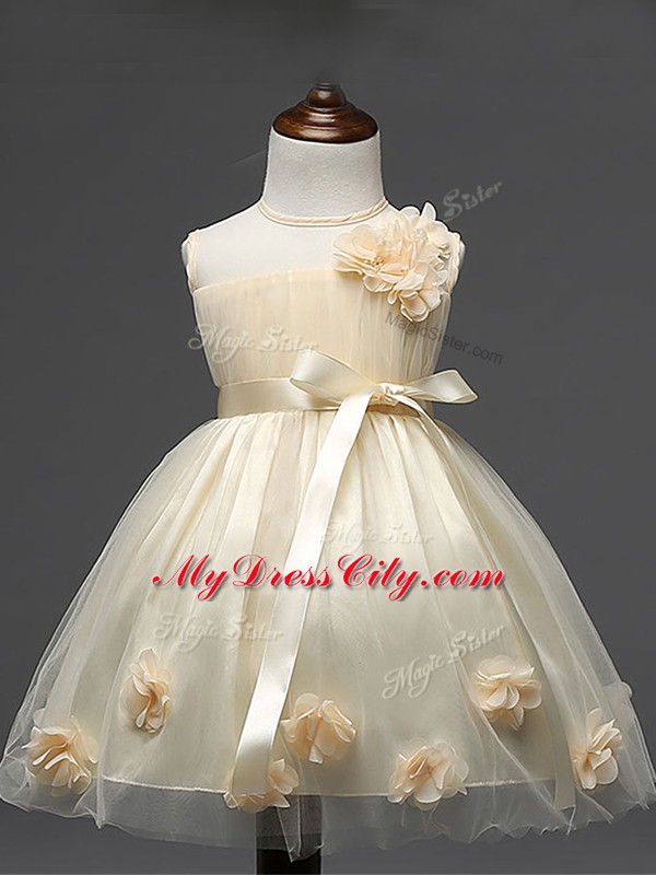 Champagne Ball Gowns Scoop Sleeveless Tulle Knee Length Zipper Hand Made Flower Girls Pageant Dresses