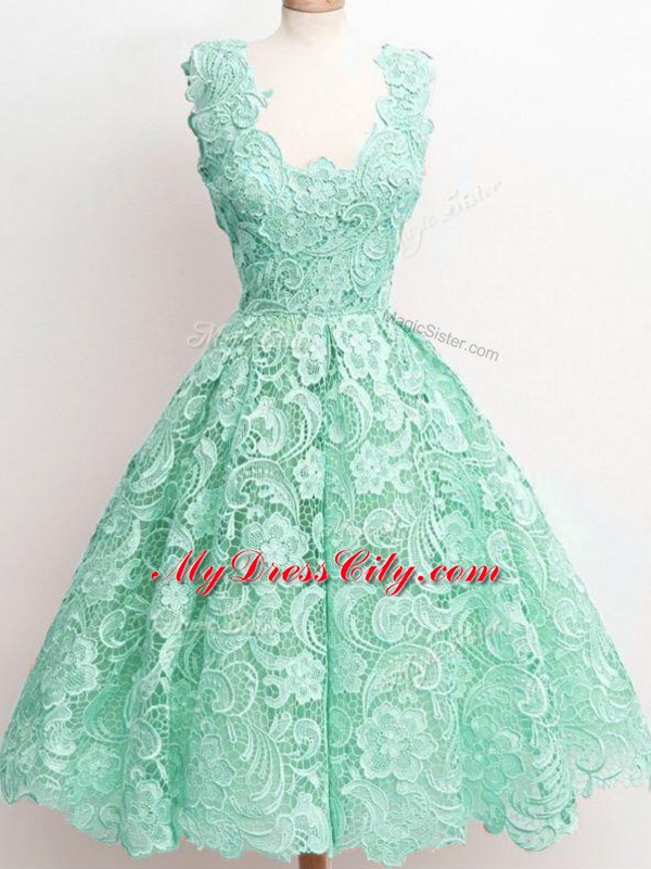 Eye-catching Apple Green Straps Neckline Lace Dama Dress for Quinceanera Sleeveless Zipper