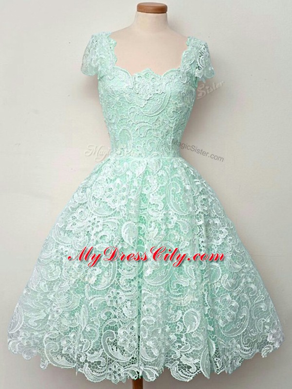 Shining Apple Green Damas Dress Prom and Party and Wedding Party with Lace Straps Cap Sleeves Lace Up