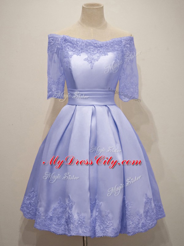 Unique Off The Shoulder Half Sleeves Quinceanera Court of Honor Dress Knee Length Lace Lavender Taffeta