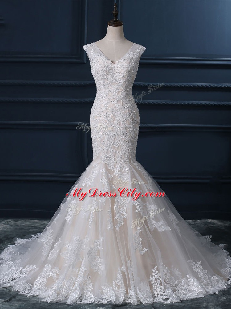 Lace Wedding Dress White Zipper Sleeveless Brush Train