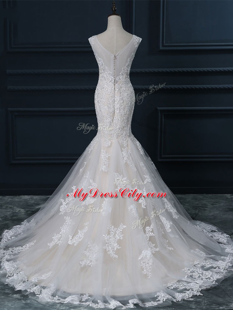 Lace Wedding Dress White Zipper Sleeveless Brush Train