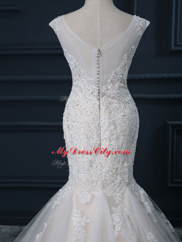 Lace Wedding Dress White Zipper Sleeveless Brush Train