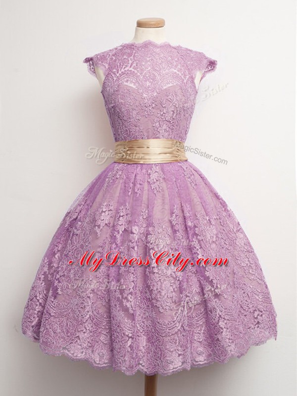 Adorable Lilac Ball Gowns High-neck Cap Sleeves Lace Knee Length Lace Up Belt Quinceanera Dama Dress