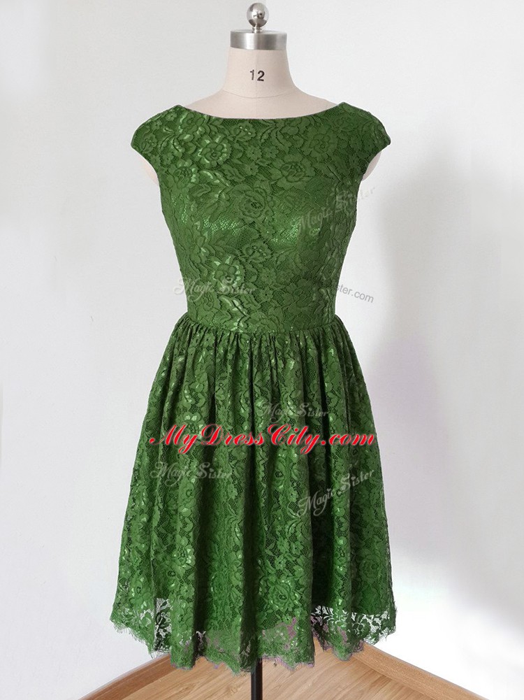 Dramatic Olive Green Cap Sleeves Knee Length Lace Lace Up Damas Dress