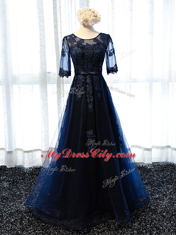 Extravagant Navy Blue Scoop Lace Up Lace and Appliques Prom Gown Half Sleeves