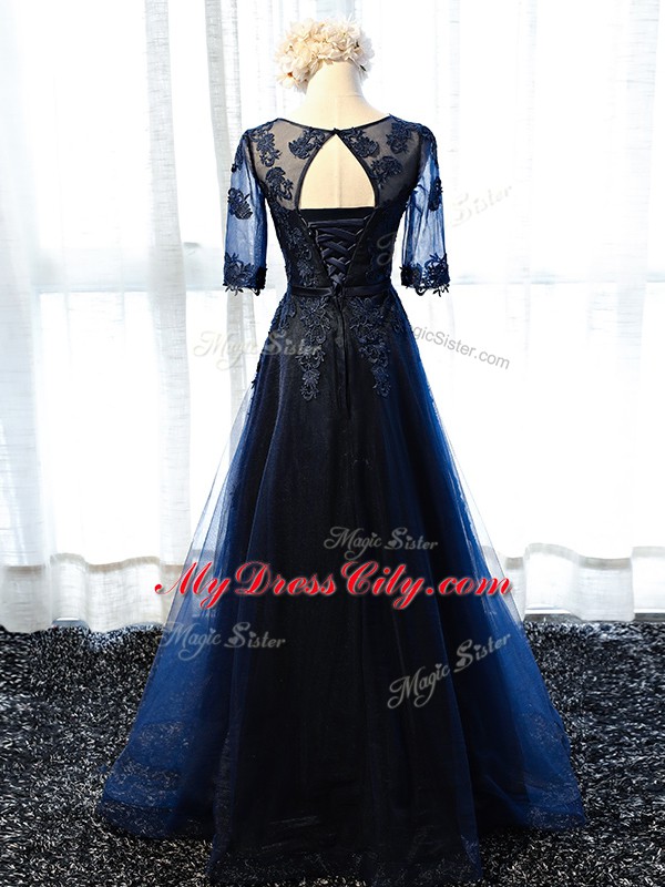 Extravagant Navy Blue Scoop Lace Up Lace and Appliques Prom Gown Half Sleeves