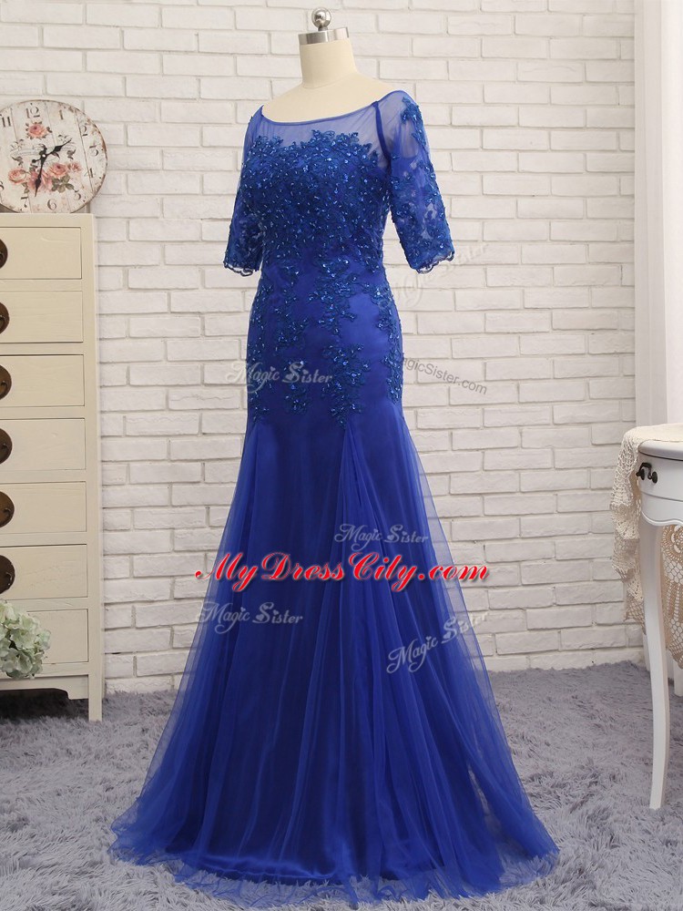 Floor Length Royal Blue Mother Dresses Tulle Half Sleeves Lace and Appliques