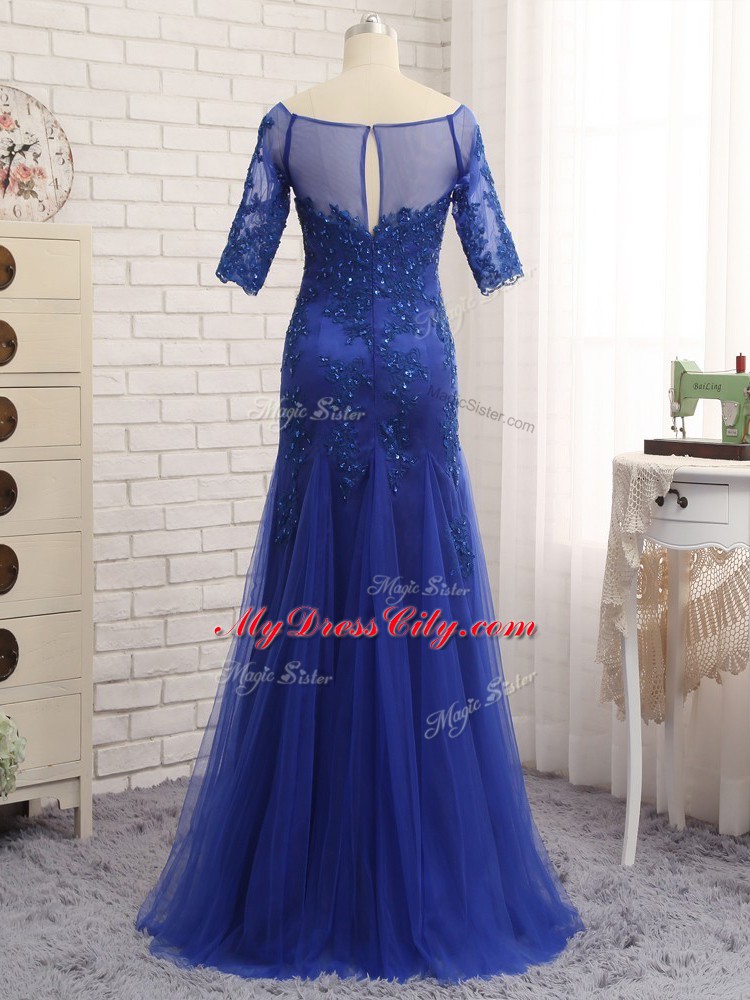 Floor Length Royal Blue Mother Dresses Tulle Half Sleeves Lace and Appliques