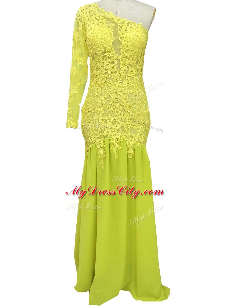 Admirable Yellow Side Zipper One Shoulder Lace and Appliques Mother Dresses Chiffon Long Sleeves Brush Train