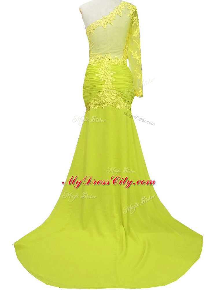 Admirable Yellow Side Zipper One Shoulder Lace and Appliques Mother Dresses Chiffon Long Sleeves Brush Train