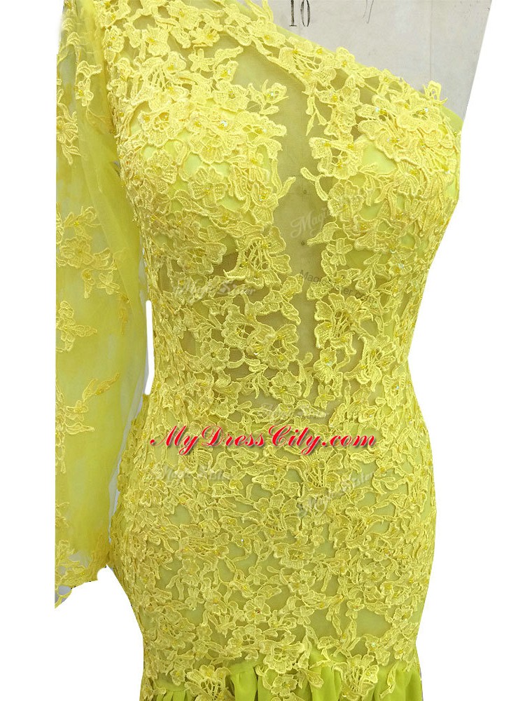 Admirable Yellow Side Zipper One Shoulder Lace and Appliques Mother Dresses Chiffon Long Sleeves Brush Train