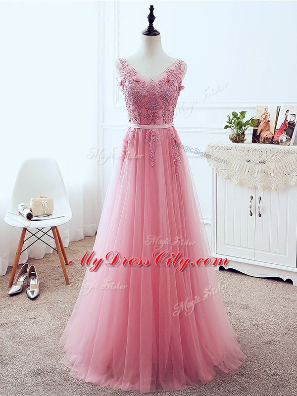 Deluxe Tulle Sleeveless Floor Length Prom Party Dress and Lace and Appliques and Belt