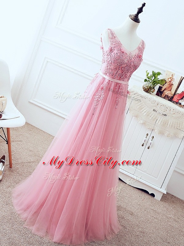 Deluxe Tulle Sleeveless Floor Length Prom Party Dress and Lace and Appliques and Belt