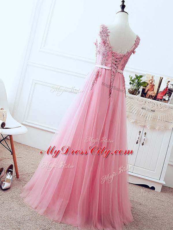 Deluxe Tulle Sleeveless Floor Length Prom Party Dress and Lace and Appliques and Belt