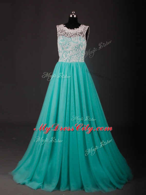 Turquoise Zipper Scoop Lace and Embroidery Prom Evening Gown Chiffon Sleeveless Sweep Train