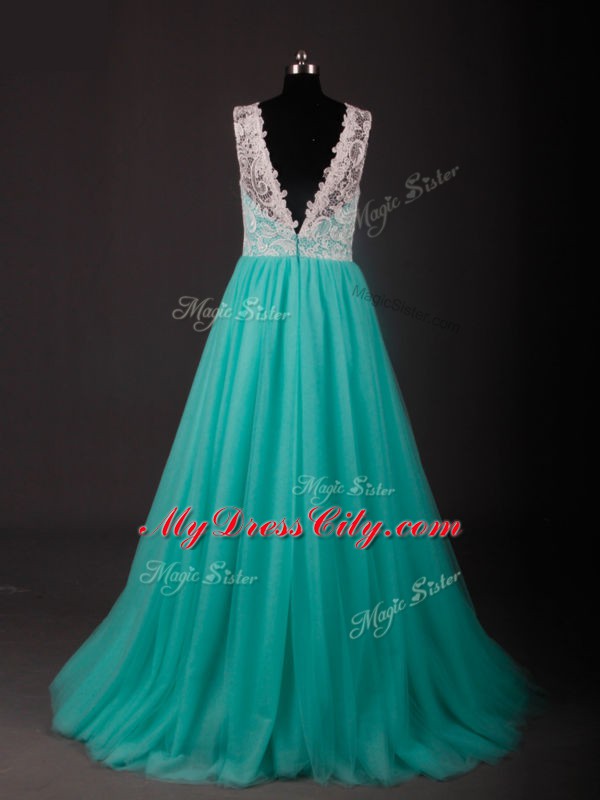 Turquoise Zipper Scoop Lace and Embroidery Prom Evening Gown Chiffon Sleeveless Sweep Train