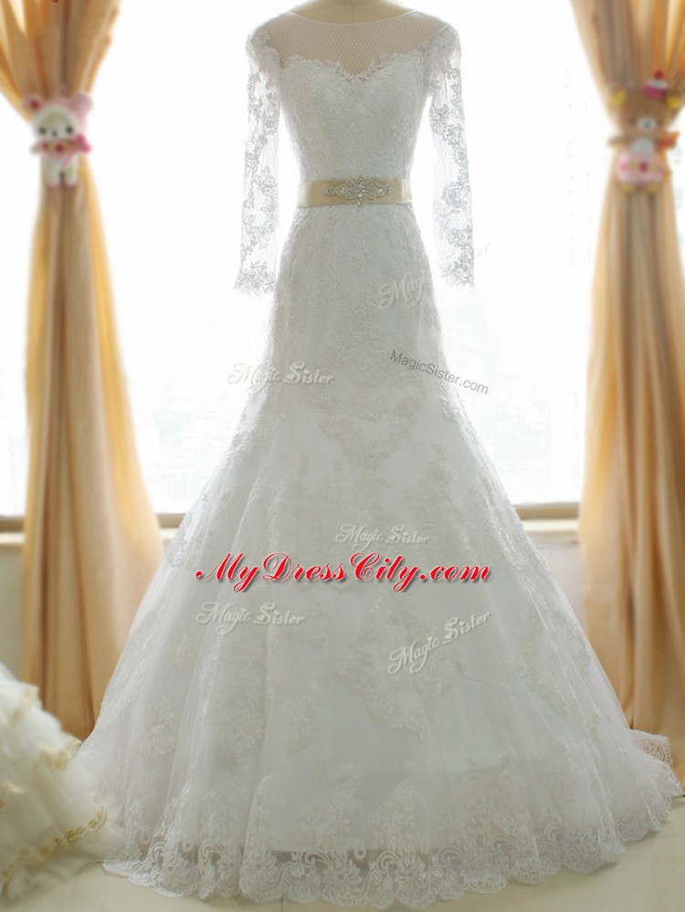 Delicate White Bridal Gown Beach and Wedding Party with Lace and Appliques Scoop Long Sleeves Brush Train Zipper